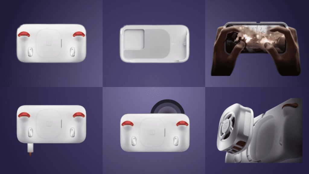 OnePlus Strix gaming controller with mechanical triggers, 1.8ms response time, four rear buttons, retractable design, magnetic cooling fan, 3.5mm headphone jack, USB-C connectivity, and smartphone compatibility for console-like gaming.