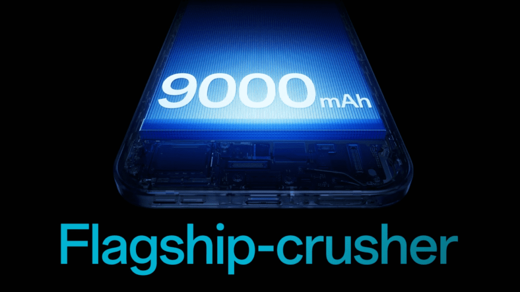 OnePlus Nord 6 smartphone with a massive 9,000mAh battery, supporting over two days of usage, 80W fast charging, and reverse and bypass charging for gaming.