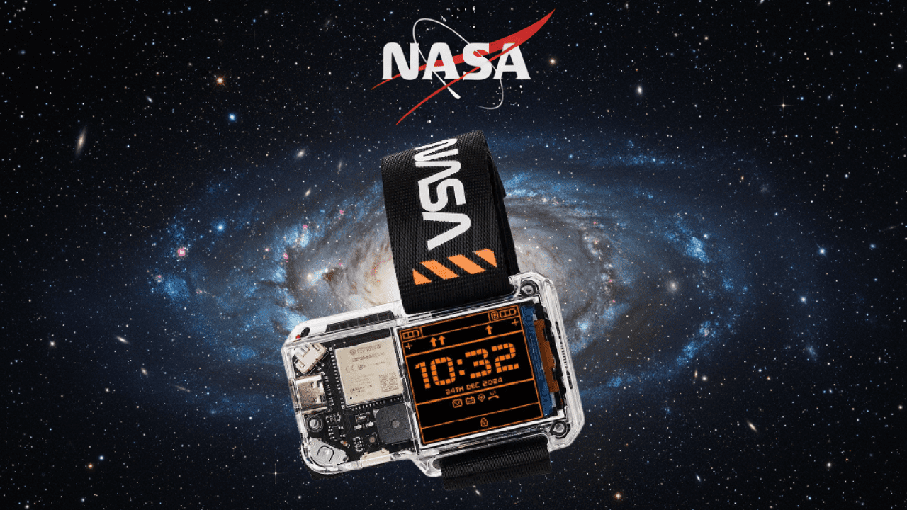 Transparent NASA Artemis Watch 2.0 showing internal components and ESP32 microcontroller