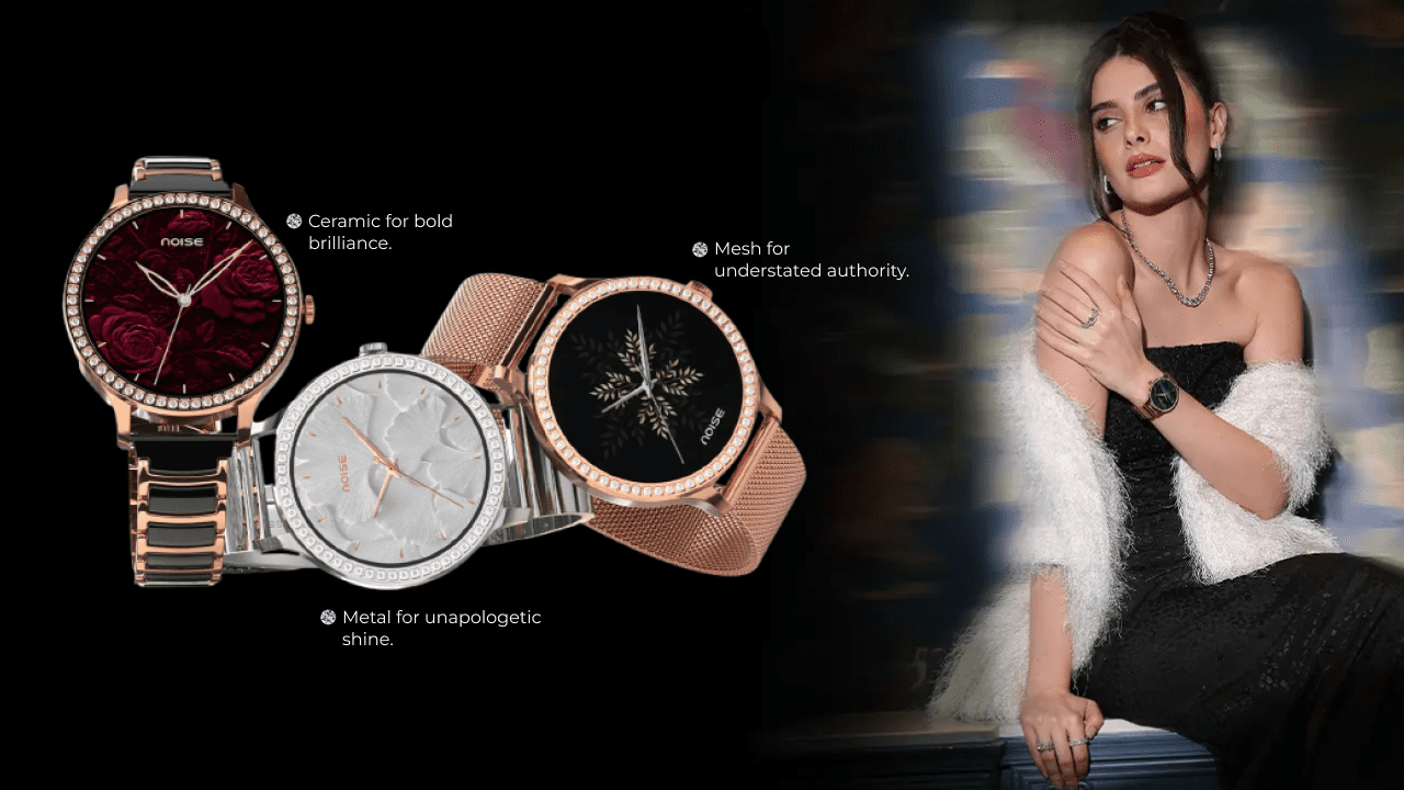 NoiseFit Diva Araya smartwatch with ceramic design and jewellery-inspired stones