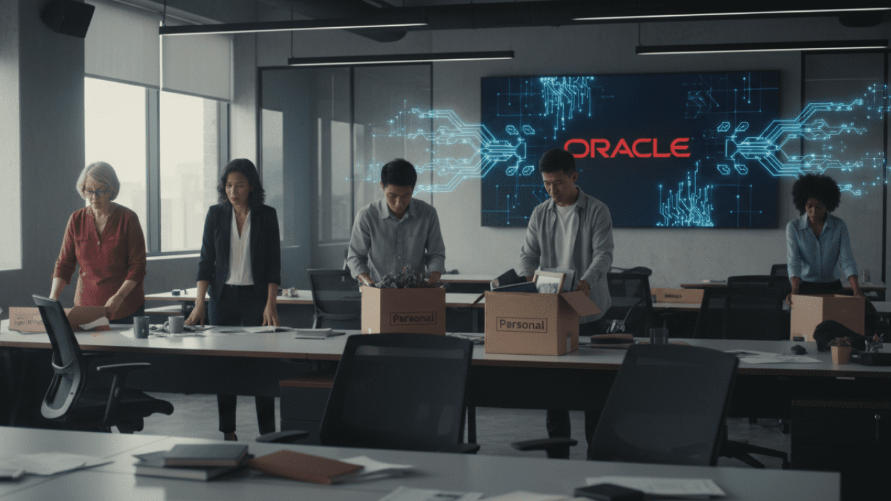 Oracle headquarters building with AI graphics overlay representing workforce and technology shift