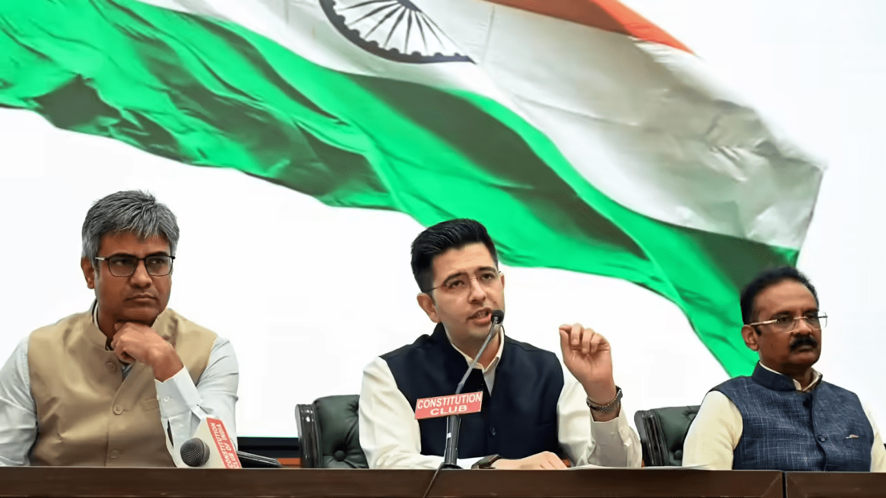 Raghav Chadha addressing press conference announcing AAP MPs joining BJP in New Delhi