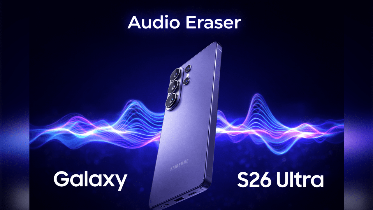 Samsung Galaxy S26 showing Audio Eraser AI feature adjusting sound in Netflix video playback