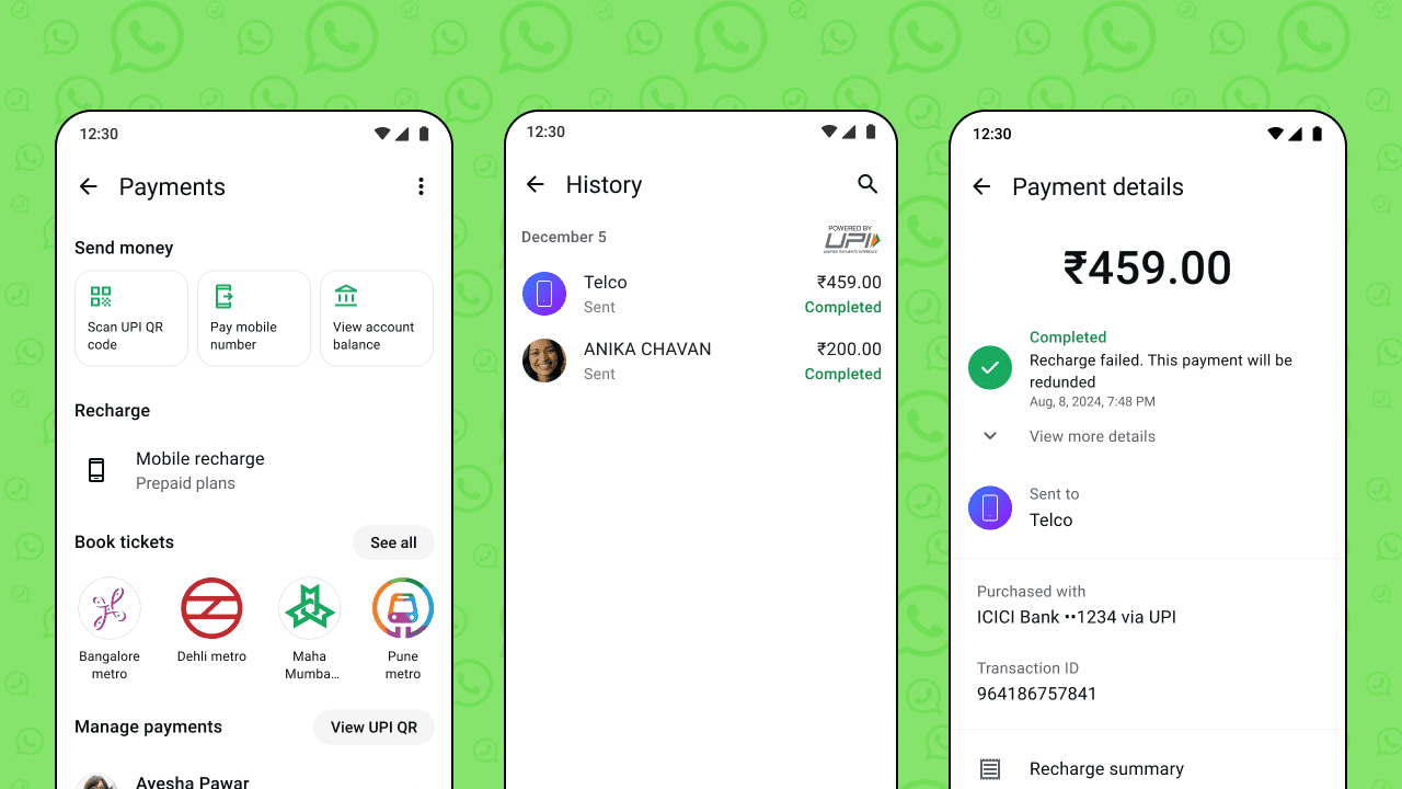 WhatsApp mobile recharge feature interface showing prepaid recharge option inside app