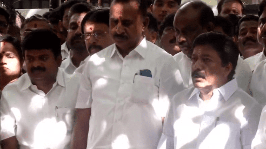 Tamil Nadu AIADMK rebel MLAs in meeting with senior leaders C Ve Shanmugham and S P Velumani.