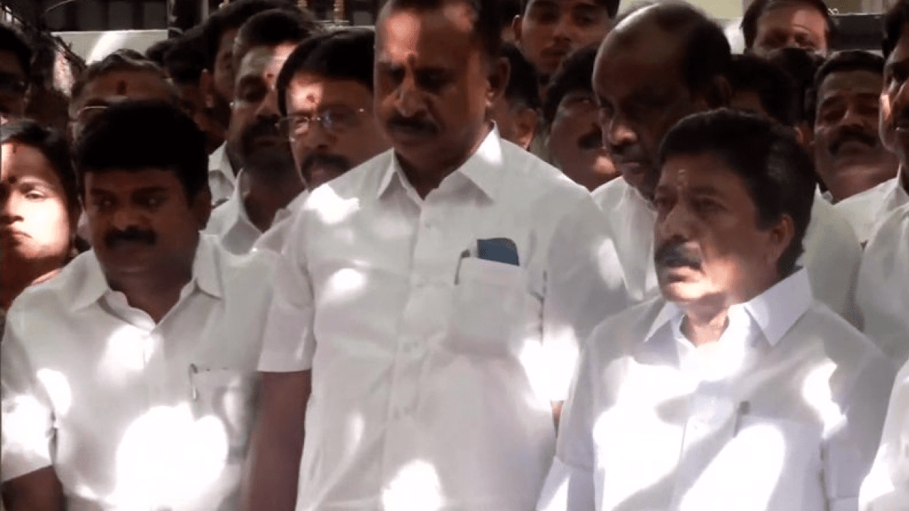 Tamil Nadu AIADMK rebel MLAs in meeting with senior leaders C Ve Shanmugham and S P Velumani.