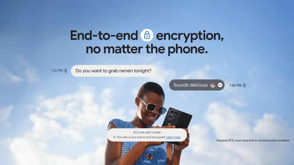 Smartphone screens showing encrypted messages with a lock icon, representing secure cross-platform messaging.