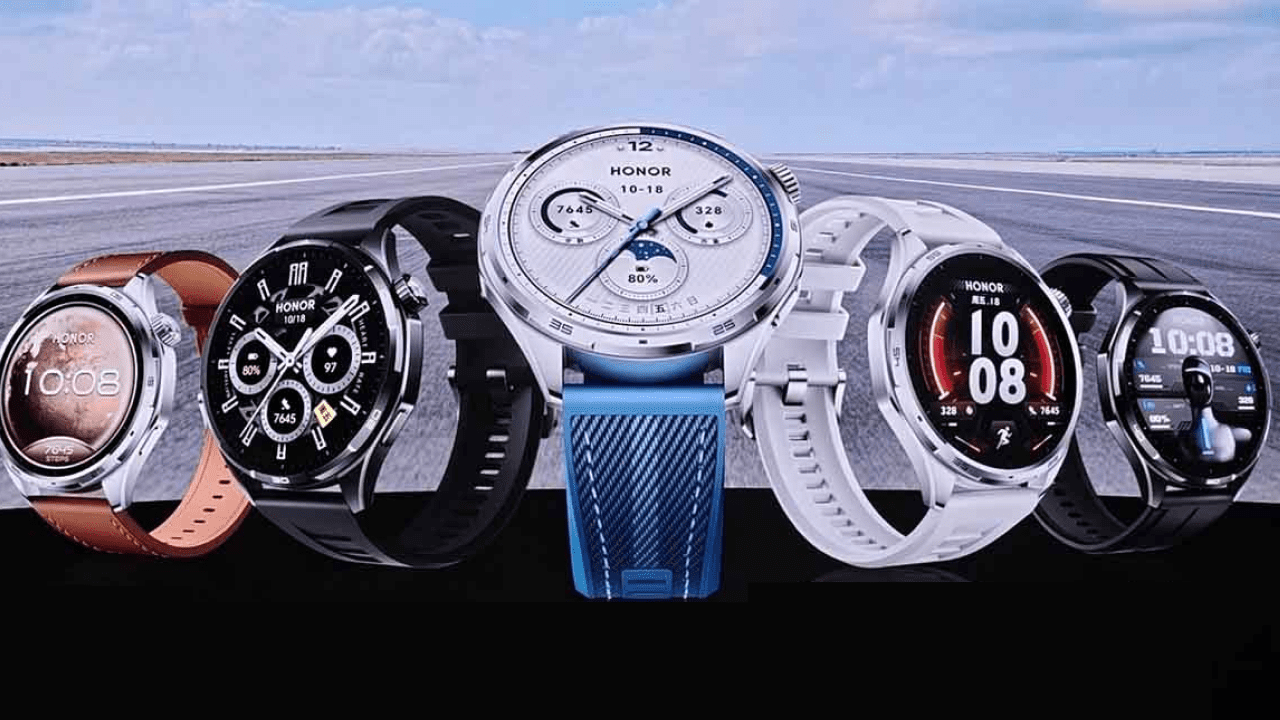 Honor Watch 6 Plus smartwatch with AMOLED display and 1000mAh battery shown in multiple color variants
