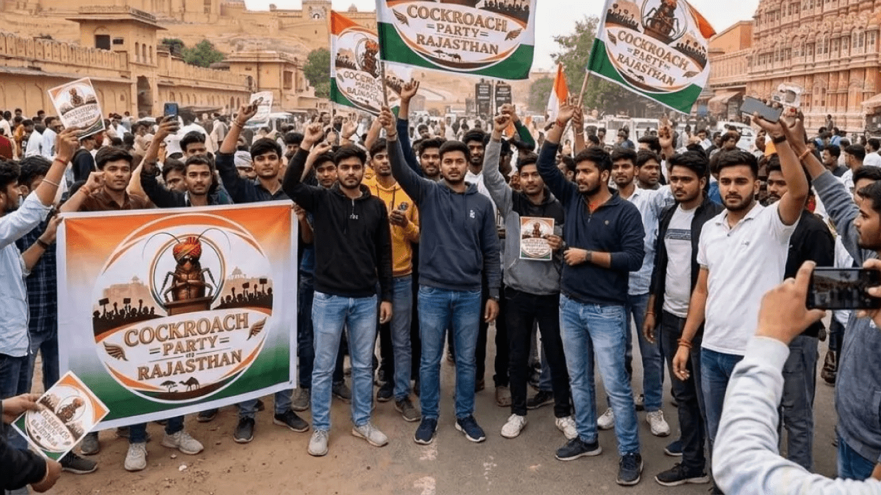 Young Indians holding cockroach-themed protest signs as the viral Cockroach Janta Party movement spreads across social media in India
