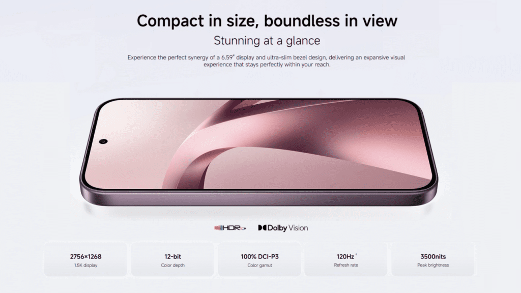 Xiaomi 17T smartphone with a 6.59-inch AMOLED display featuring 1.5K resolution, Dolby Vision, HDR10+ support, 120Hz refresh rate, and peak brightness of 3,500 nits for high visibility and vibrant viewing.
