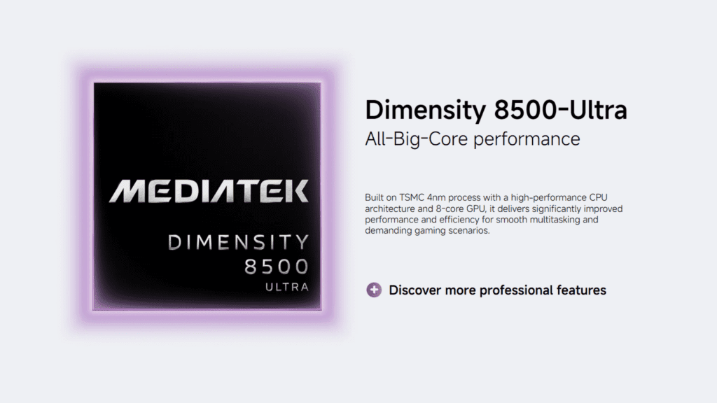 Xiaomi 17T smartphone powered by MediaTek Dimensity 8500 Ultra chipset with Xiaomi Surge T1 connectivity and thermal management chips, supported by a 3D Ice Loop cooling system for sustained performance during gaming, multitasking, and 4K video recording.