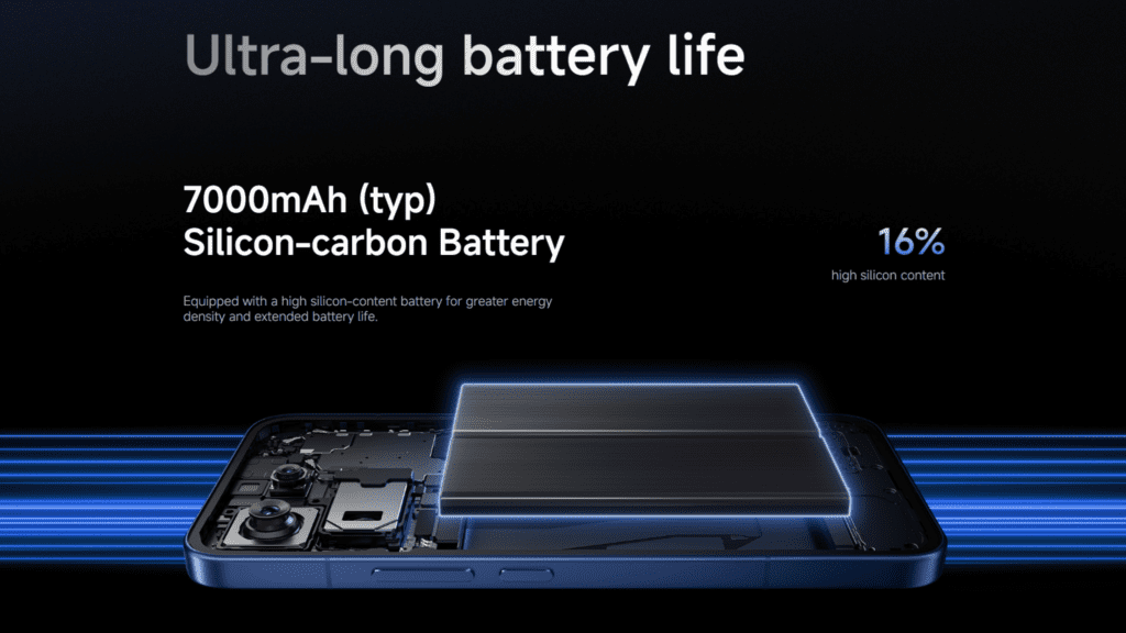 Xiaomi 17T Pro smartphone with a 7,000mAh battery, supporting 100W wired and 50W wireless charging, capable of up to 9.5 hours of continuous video recording.