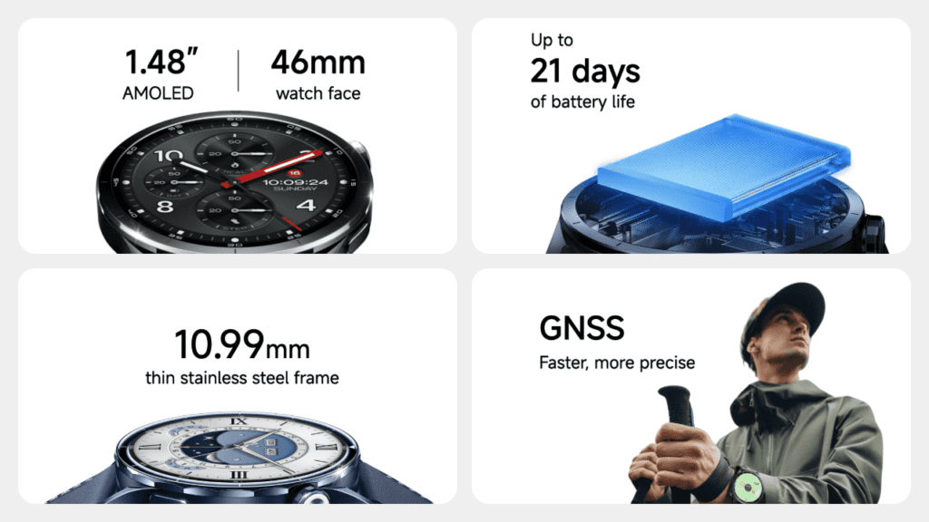 Several editions are available, including Ceramic Blue, Jungle Green, and a distinctive Forged Carbon version aimed at users seeking a more technical aesthetic. The premium materials and refined finish position the Watch S5 as a lifestyle product as much as a fitness companion
At the center of the experience is a 1.48-inch AMOLED display with a resolution of 480 x 480 pixels and peak brightness reaching 2,500 nits. This places the watch among the brightest displays currently available in its category, improving visibility in outdoor conditions while maintaining smooth animations through a 60Hz refresh rate.