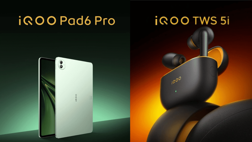 Promotional image showing iQOO 15T smartphone available for pre-order, alongside the Pad 6 Pro tablet with large 13.2-inch 4K display, and TWS 5i earbuds with long battery life and low-latency gaming mode.