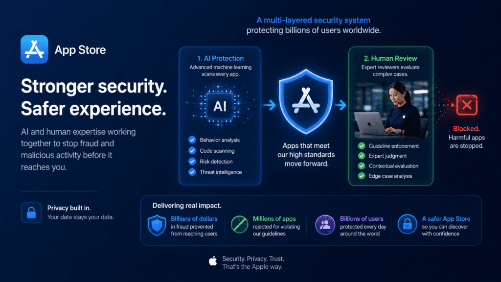 Illustration of Apple App Store security systems blocking cyber fraud, with AI-powered shields protecting users from fake apps, stolen credit cards, and fraudulent transactions across a global mobile marketplace.