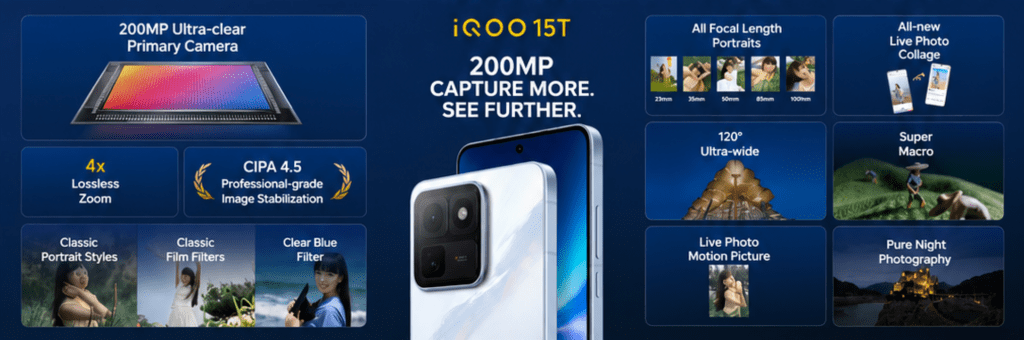 Rear view of the iQOO 15T highlighting a triple-camera setup with a 200MP main sensor with OIS, a 50MP ultra-wide lens, and a 16MP front camera, emphasizing high-resolution photography and 4x lossless zoom capability.