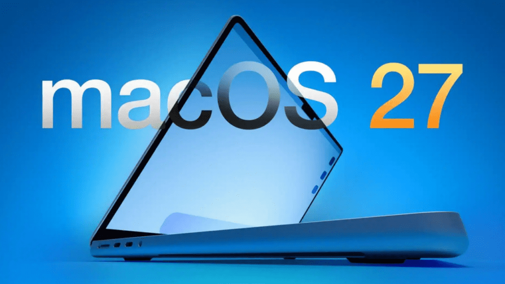 MacBook displaying macOS 27 Liquid Glass interface with redesigned Control Center and Safari tab organization.