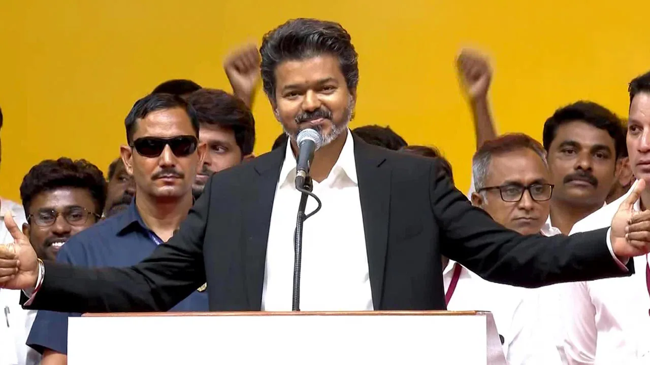 Tamil Nadu Chief Minister Vijay during cabinet expansion ceremony with newly sworn-in ministers and Congress representatives