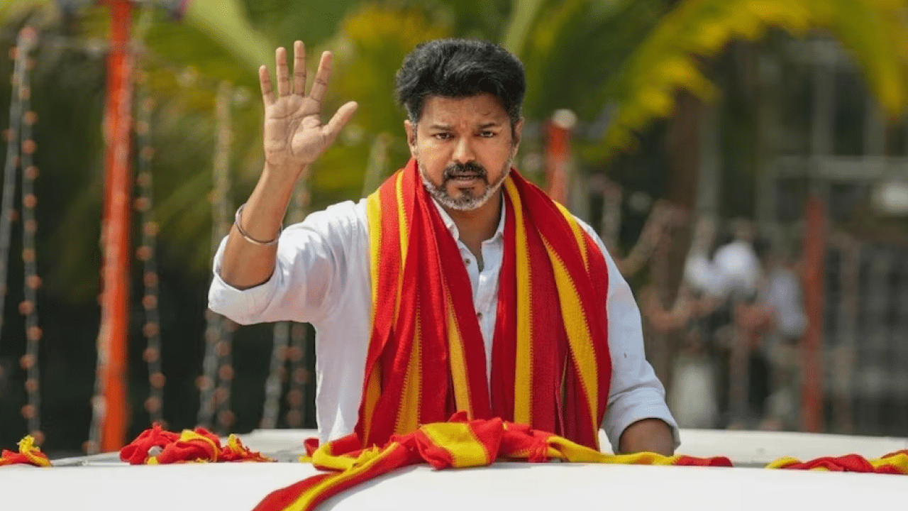 Vijay addressing supporters after TVK emerges as largest party in Tamil Nadu 2026 election