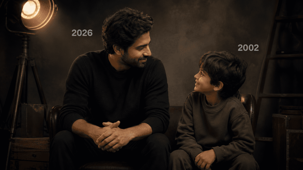 AI-generated portrait showing a person बैठing with their childhood self in a cinematic studio setting