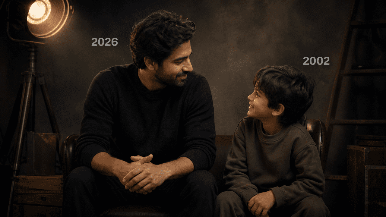 AI-generated portrait showing a person बैठing with their childhood self in a cinematic studio setting