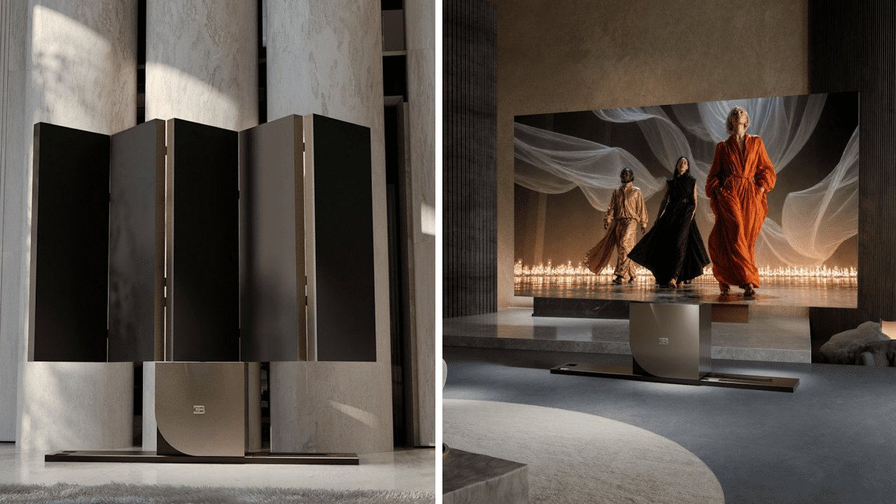Bugatti C SEED N1 Super TV unfolding from sideboard into 137-inch MicroLED screen in luxury interior