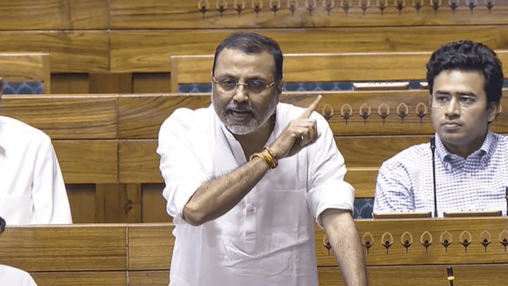 BJP MP Nishikant Dubey speaking during a political event while discussing the legacy of the 1947 Partition and Kashmir issue