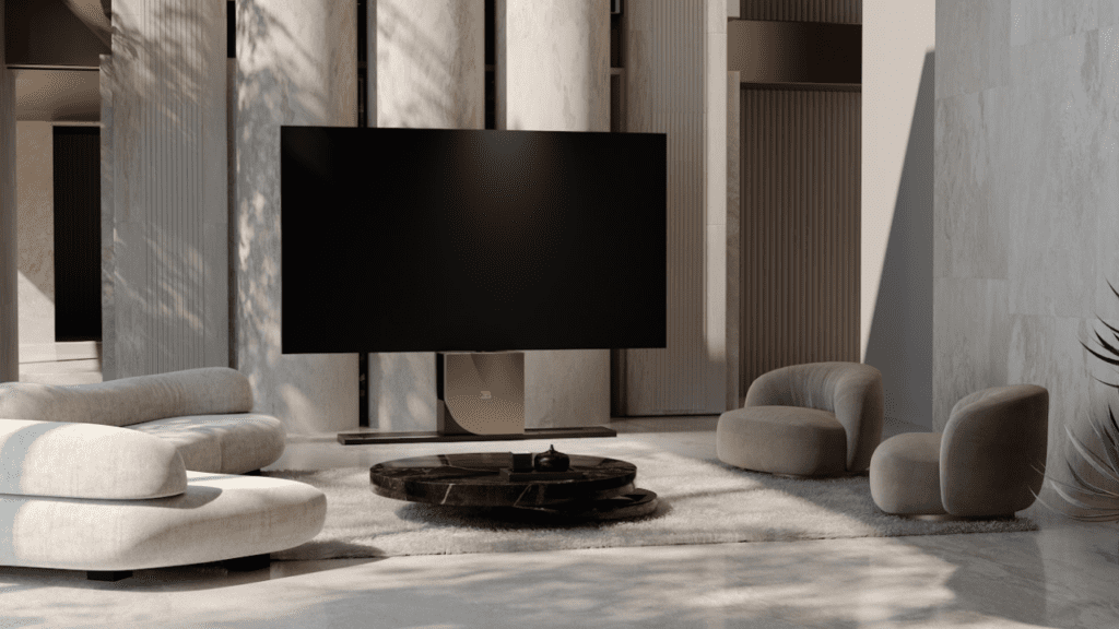 A high-end Bugatti N1 Super TV system in its closed form, designed as a sculptural furniture piece before transforming into a 110–137 inch display.
