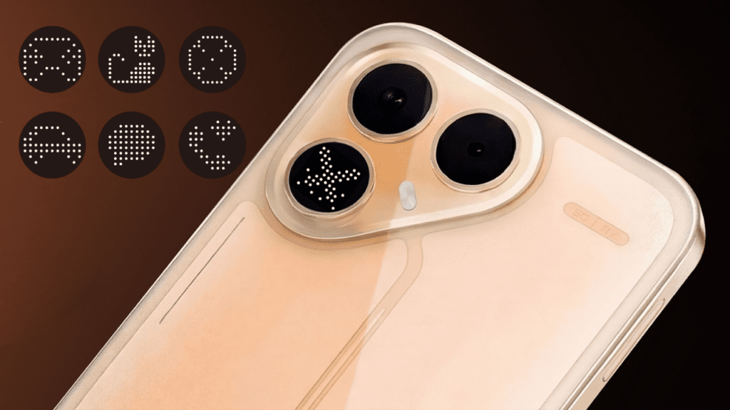 Tecno Pova 8 smartphone back design with cyberpunk-inspired semi-transparent texture and geometric styling, featuring a triangular camera module with an embedded Alive Matrix Display using 104 LEDs for animations, notifications, charging status, music playback, and gaming alerts