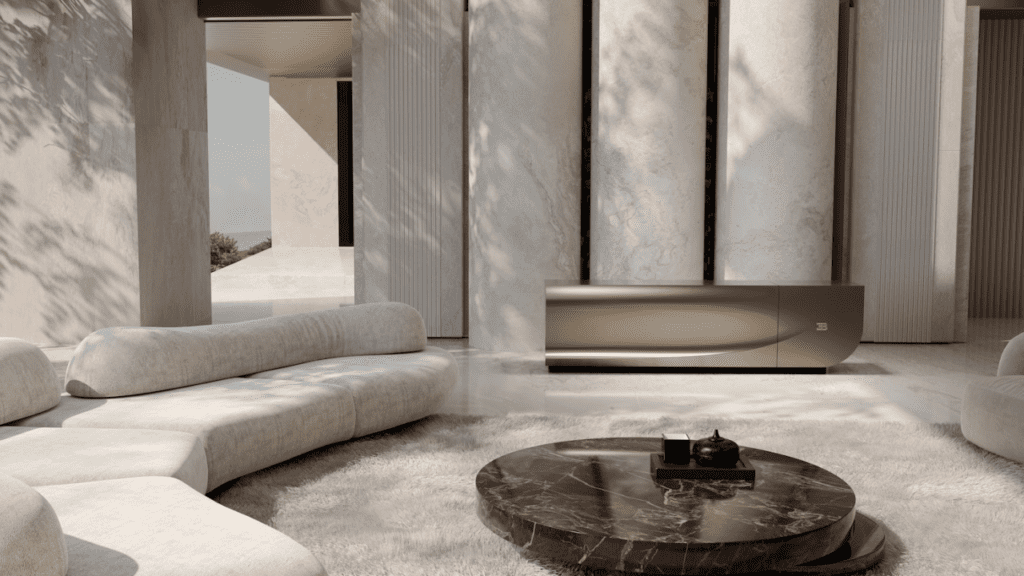 A luxury transforming MicroLED television by Bugatti and C SEED that appears as a minimalist sideboard and unfolds into a large cinematic screen.