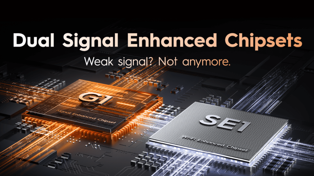 Tecno Pova 8 smartphone performance system featuring MediaTek Dimensity 7100 processor, up to 8GB LPDDR5X RAM, 256GB storage, and triple-chipset architecture with dedicated G1 signal enhancement and SE1 Wi-Fi chips supporting up to 20 5G bands for improved network stability in challenging environments like basements and crowded areas