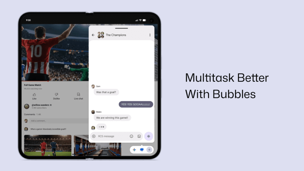 Android 17 Bubbles multitasking feature with floating app windows, Bubble Bar controls, and desktop-like productivity experience on tablets and foldables