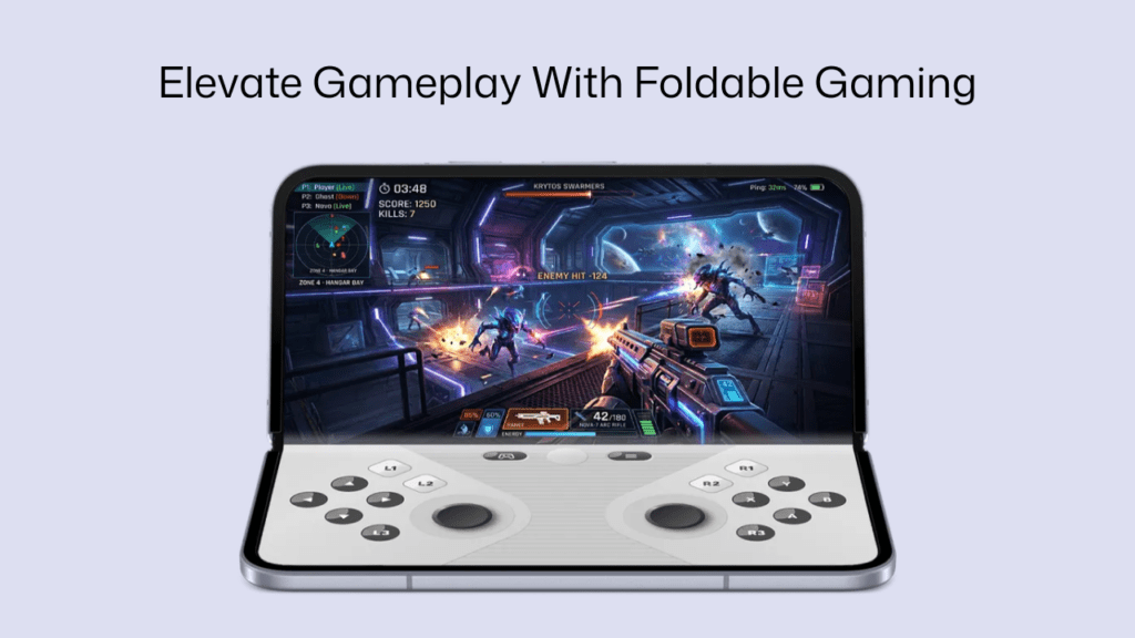 Android 17 foldable gaming mode showing split-screen gameplay with virtual controller and enhanced gaming performance features