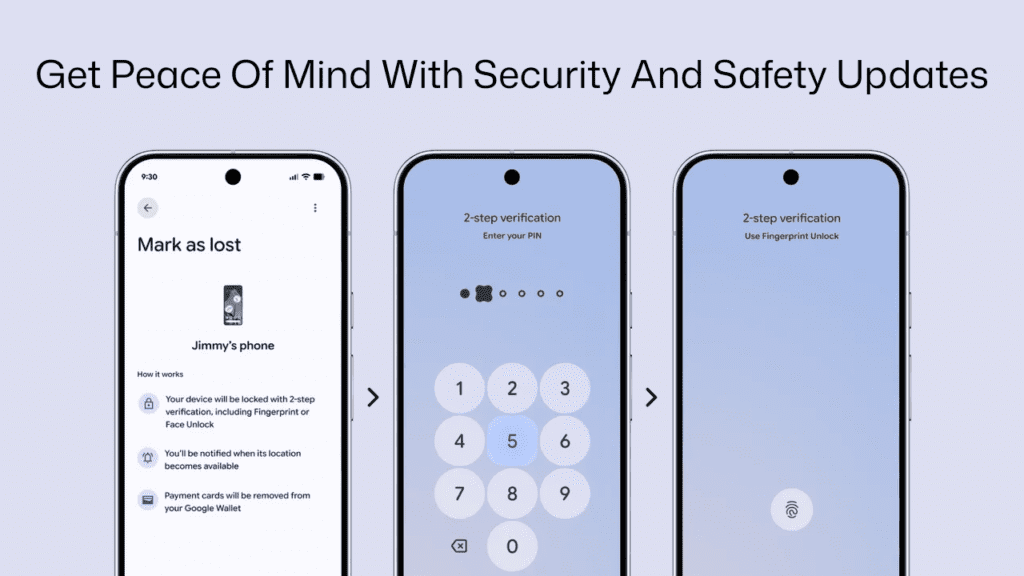 Android 17 privacy and security settings showing granular location access controls, Find Hub anti-theft protection, and advanced device security features