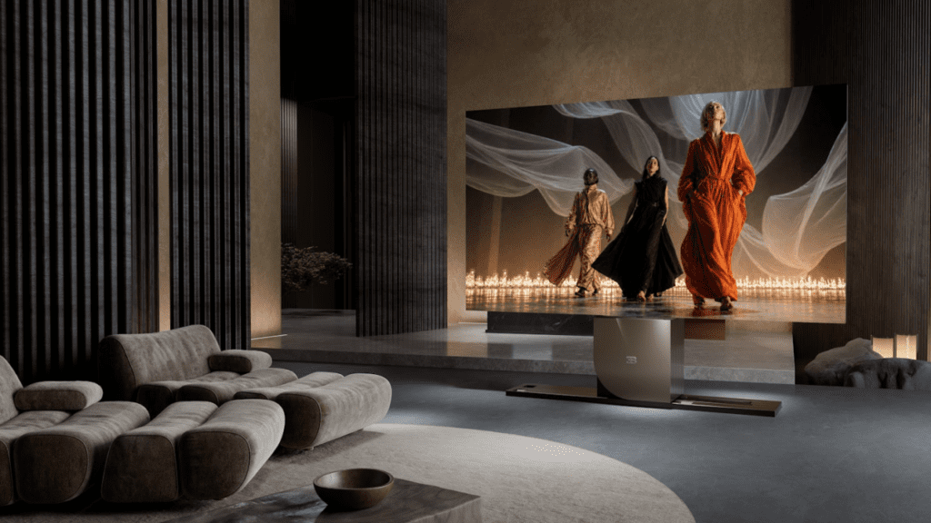 A premium living room entertainment unit that hides a 4K MicroLED screen inside a furniture-like base and reveals it through automated unfolding.