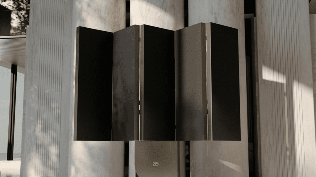 The Bugatti N1 Super TV in deployed mode, showcasing a massive seamless MicroLED screen with integrated hidden audio system.