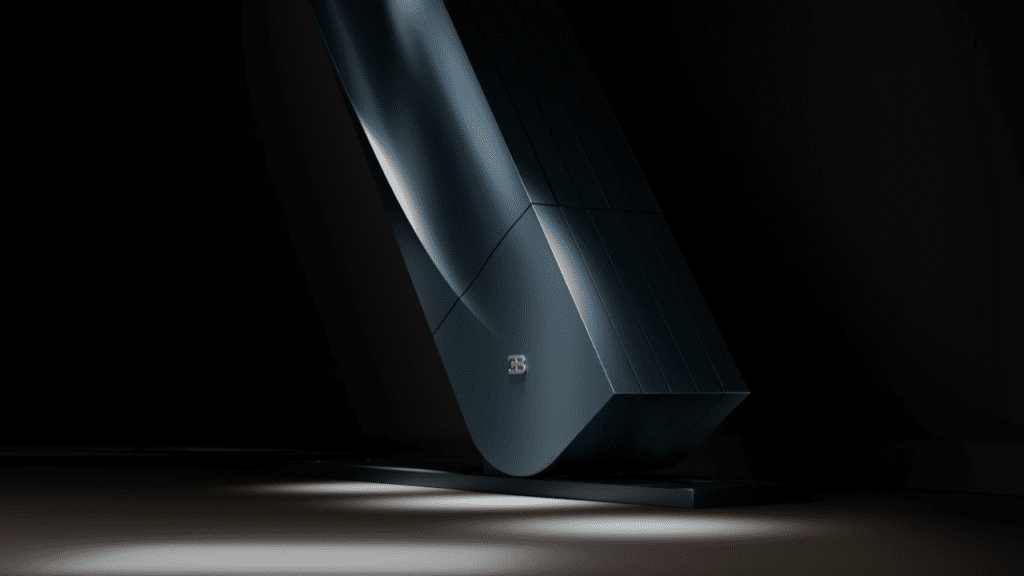 A sculptural luxury media console that transforms into a cinematic vertical display using motorized folding and rotation mechanisms.