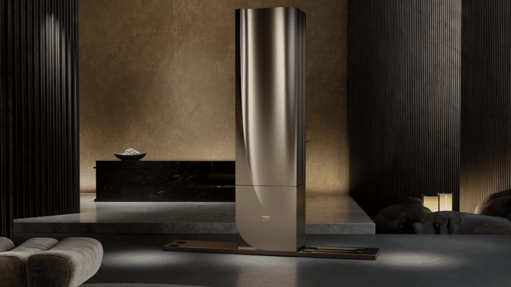 A high-tech entertainment installation inspired by Bugatti hypercar design, combining furniture aesthetics with a hidden fold-out television.