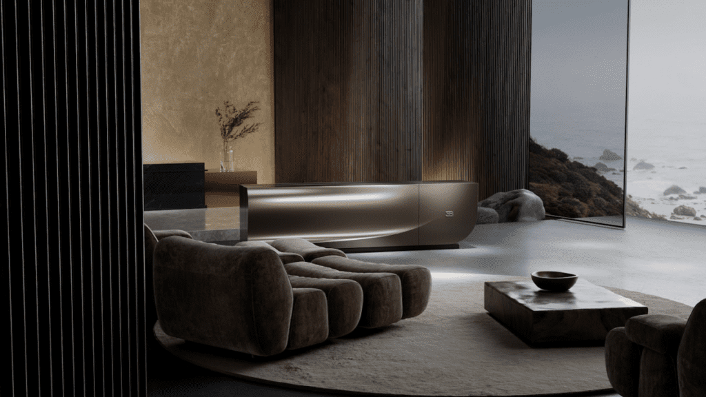 A luxury transforming television system featuring modular MicroLED panels that unfold from a cabinet into a seamless large-screen display.