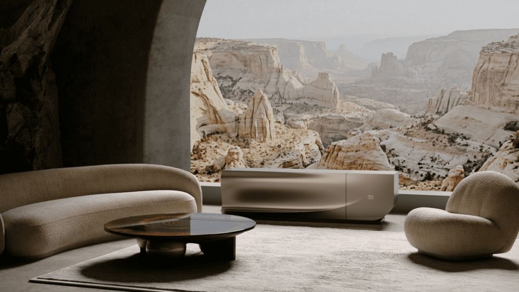 A futuristic home cinema concept where a concealed Bugatti-designed TV emerges from a sideboard and expands into an immersive digital screen.