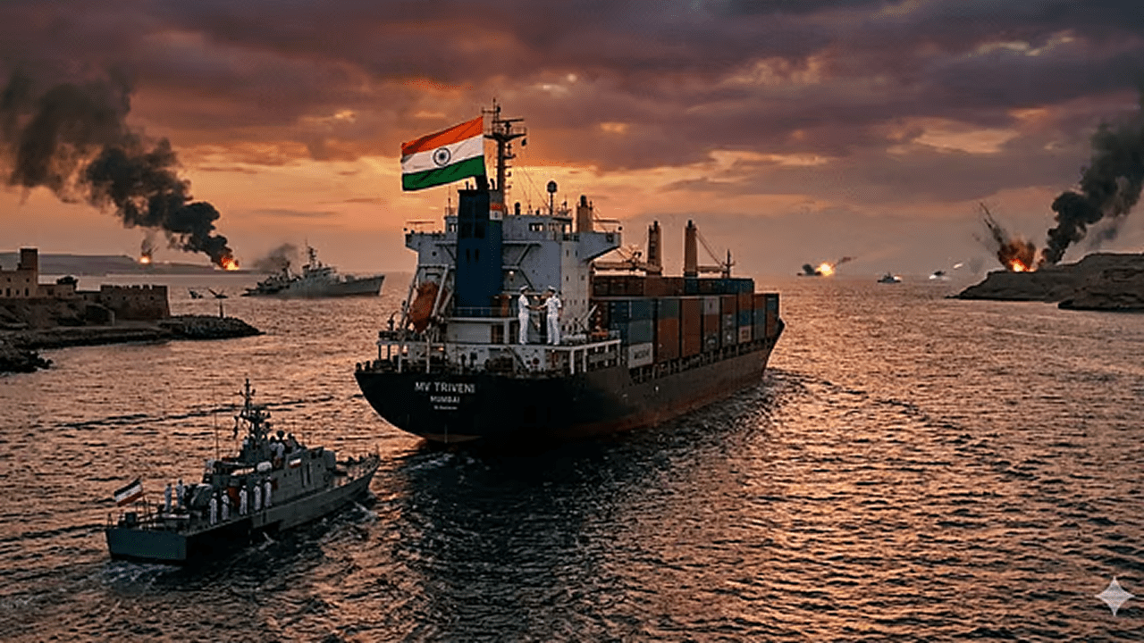 Indian commercial tanker crew members and maritime vessels operating near the Gulf of Oman amid escalating regional shipping tensions