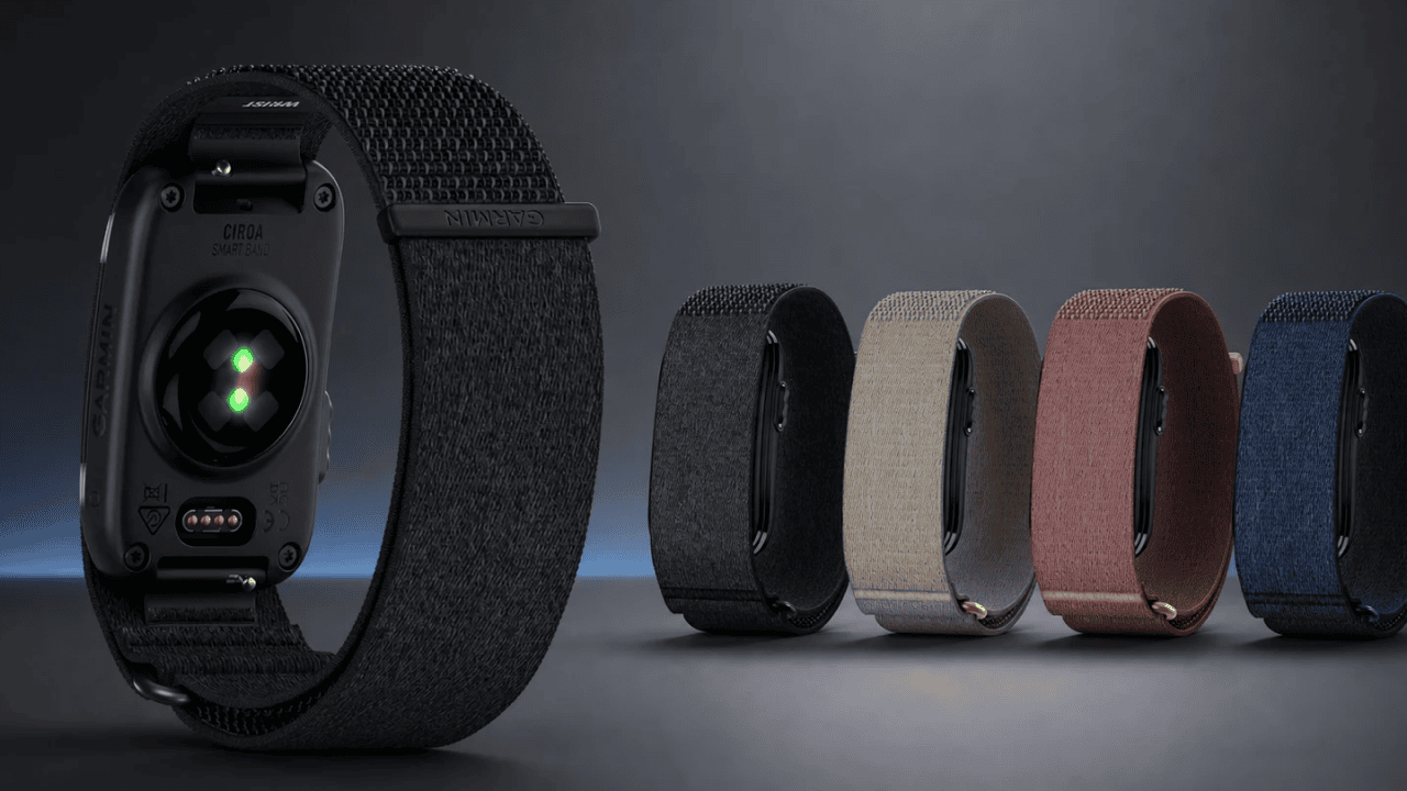 Garmin Cirqa Smart Band shown without a display, highlighting its fabric band design and screen-free fitness tracking features.